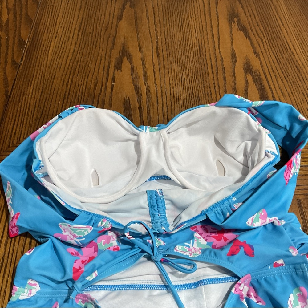 Suit swim dress with built-in shorts in blue w/ pink, green, white butterflies M - Picture 6 of 10
